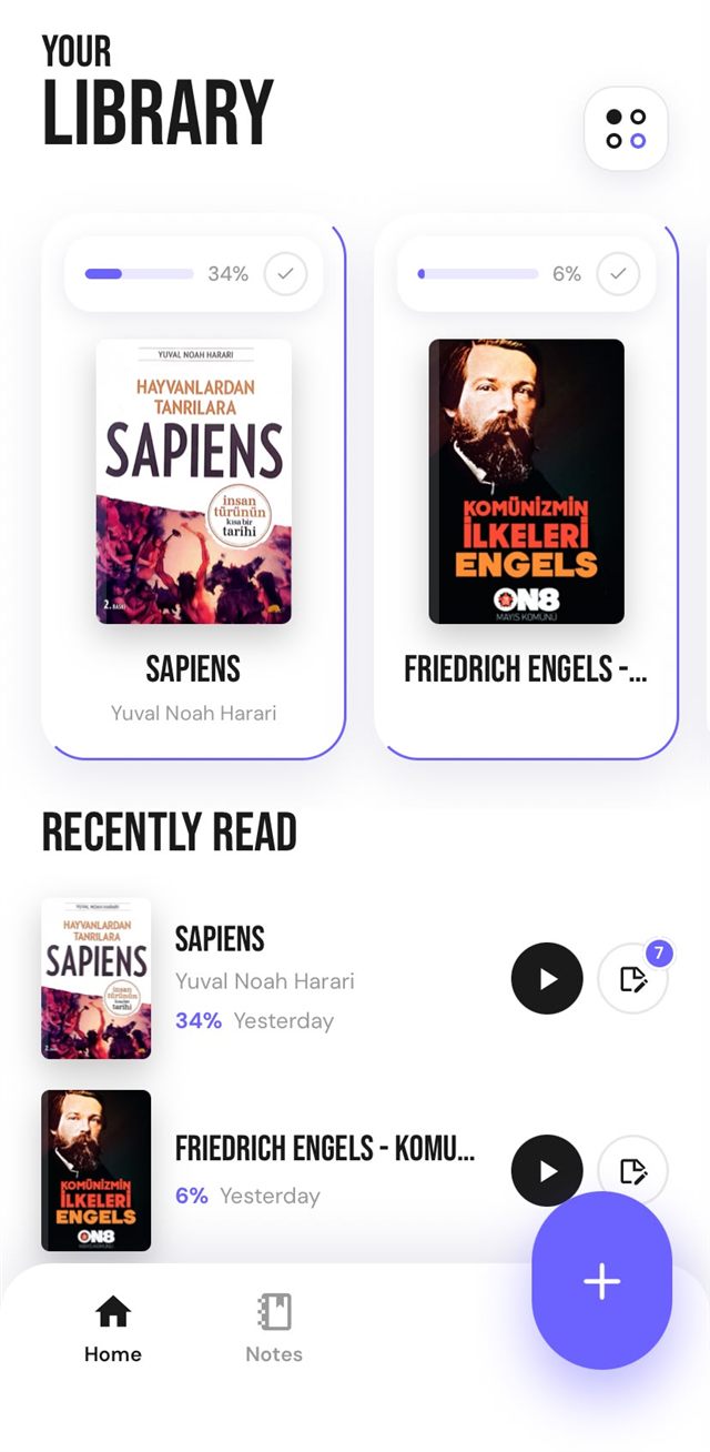 Marginalia library screen on iPhone: two books in progress with reading-progress rings, and a Recently Read list showing Sapiens at 34% and a second title at 6%, each with a resume button and a notes icon