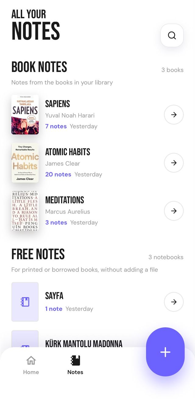 Marginalia Notes tab on iPhone: a Book Notes section listing Sapiens with 7 notes, Atomic Habits with 20 notes and Meditations with 3 notes, and a Free Notes section for notes without a book file